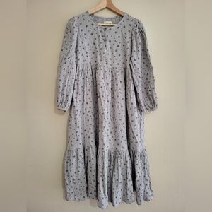 OffOn 100% Cotton Double Gauze Floral Dress Medium Grey Blue